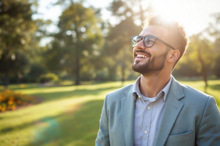 Retrato de un hombre barbudo sonriendo en un parque verde y soleado