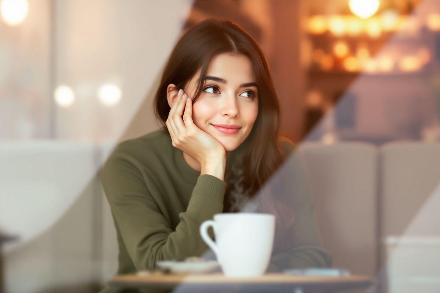 Retrato de una joven con una sonrisa, sostiene una taza de caf&eacute;.
