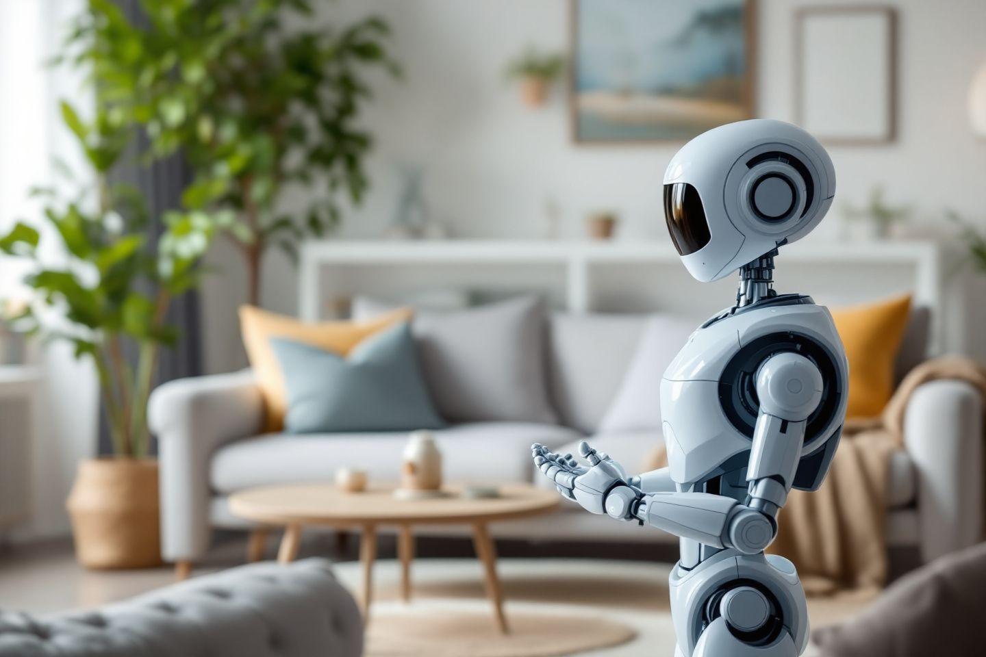 Un robot de color blanco y gris en una sala de estar acogedora