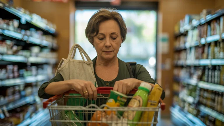 Una mujer compra alimentos en un supermercado español con una cesta llena y luz natural.
