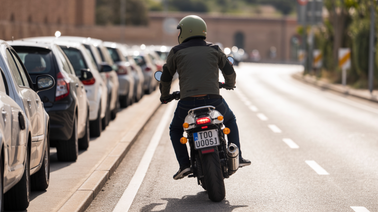 Un motorista circula por el arcén derecho junto a una retención de tráfico en España.
