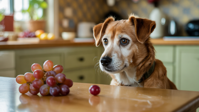 Un perro observa unas uvas sobre una mesa de cocina iluminada en un hogar español.
